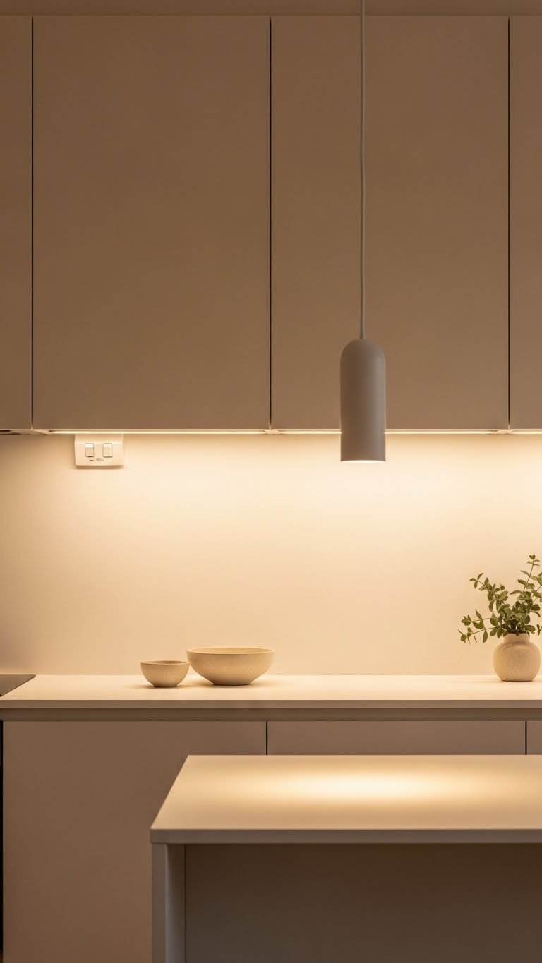 Under-cabinet LED lighting illuminating beige countertop with pendant light over kitchen island