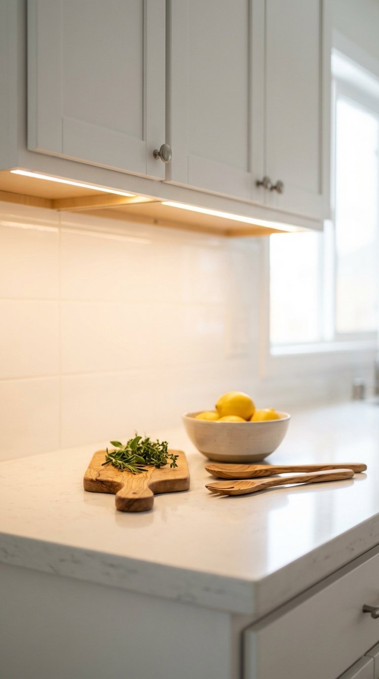 Under-cabinet LED lighting illuminating countertop with fresh ingredients and utensils in warm glow.