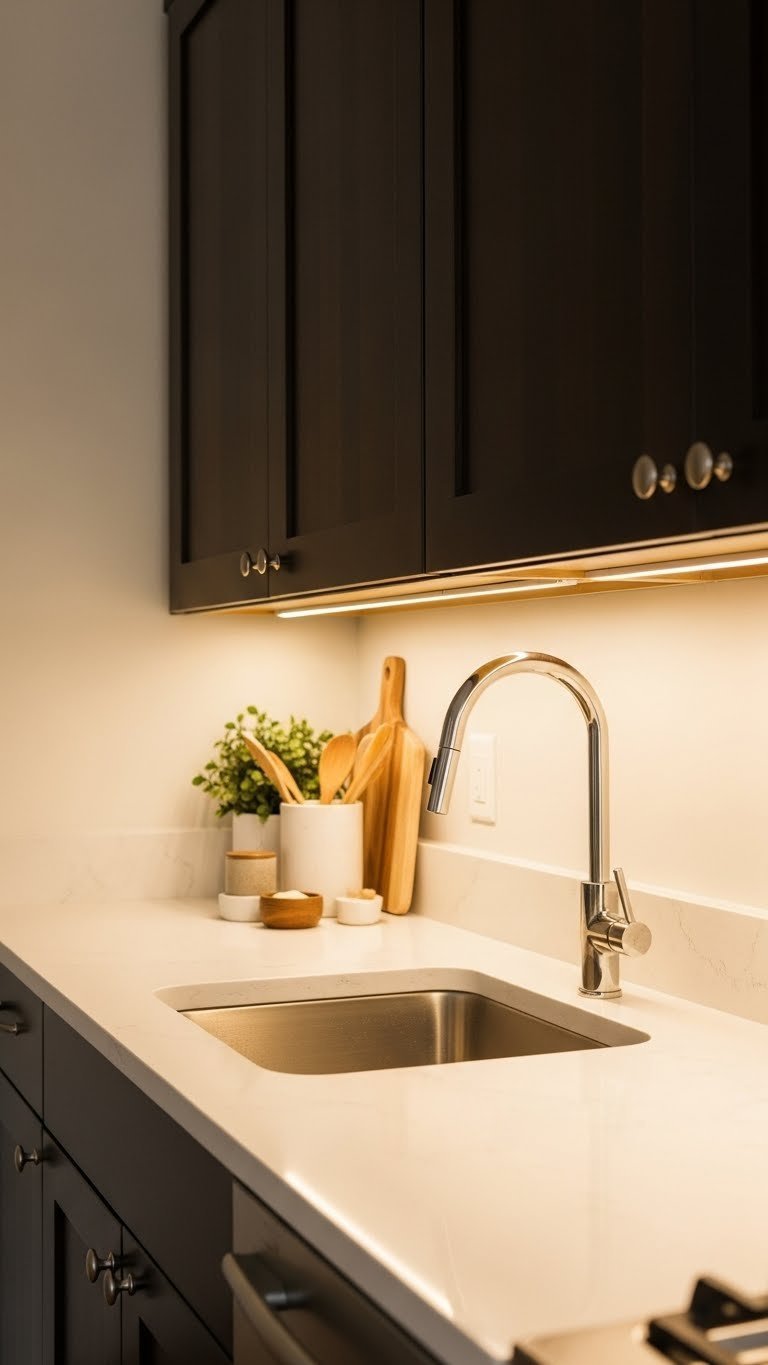Under-cabinet LED strip lighting illuminating light quartz countertop in small apartment kitchen with dark wood cabinets