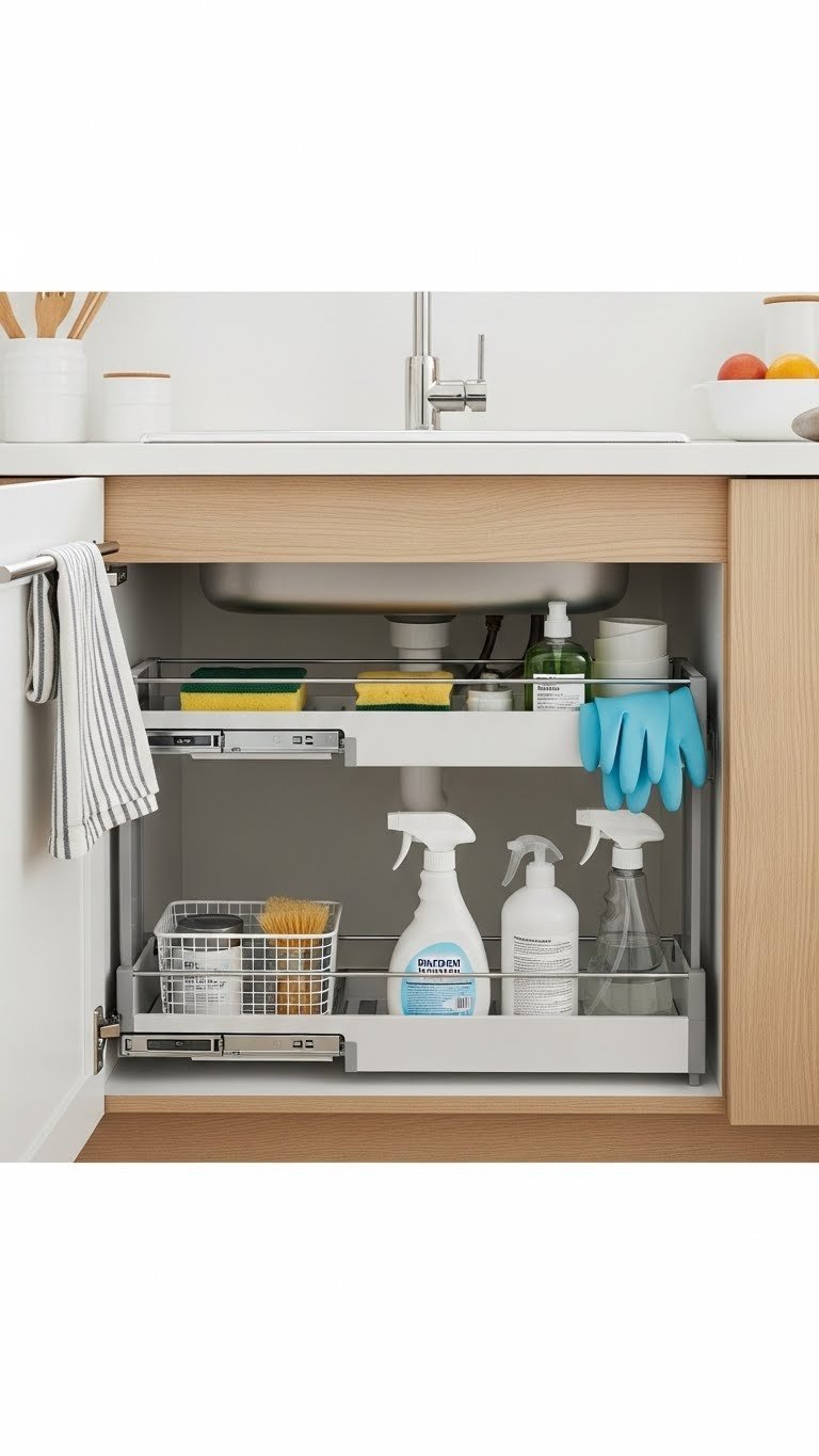 Under-sink cabinet organized with sliding two-tier organizer holding cleaning supplies and dish soap