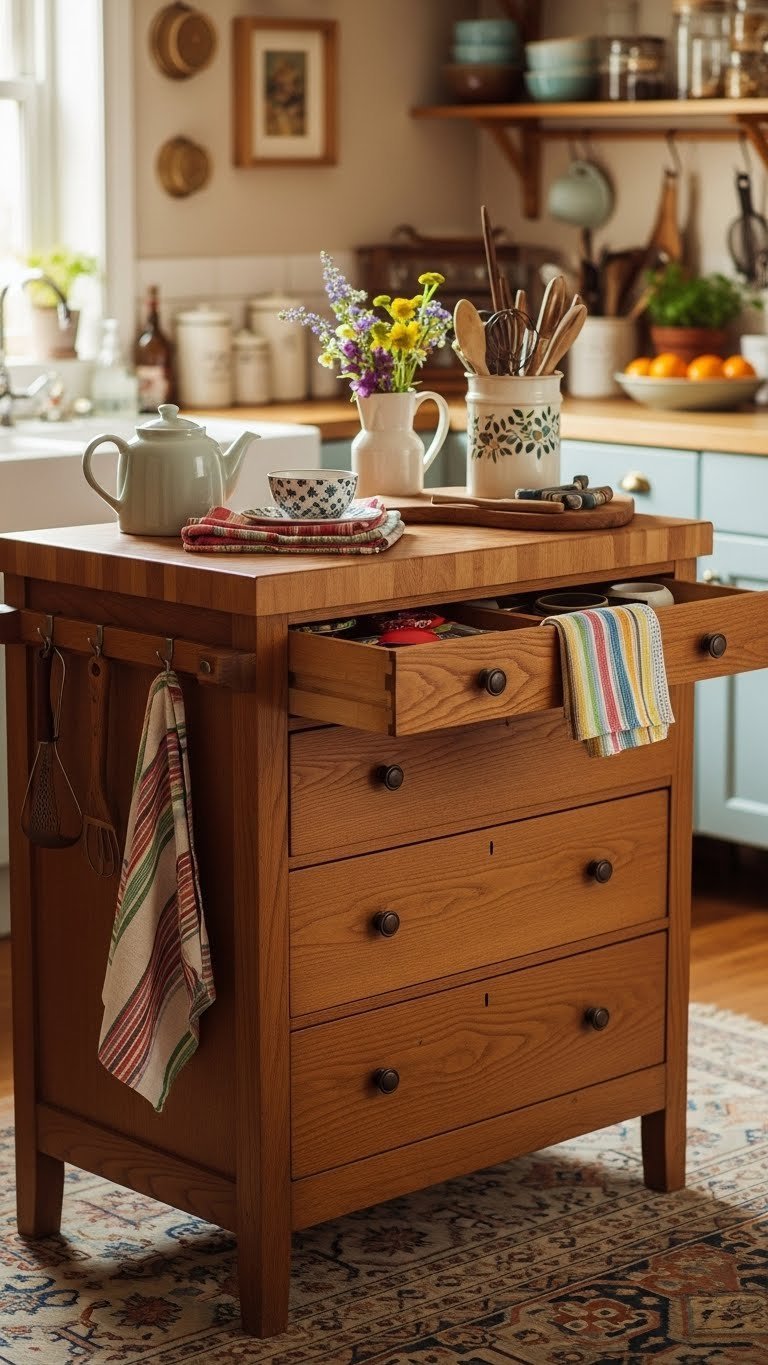 Upcycled wooden dresser transformed into unique kitchen island with butcher block top in cozy apartment