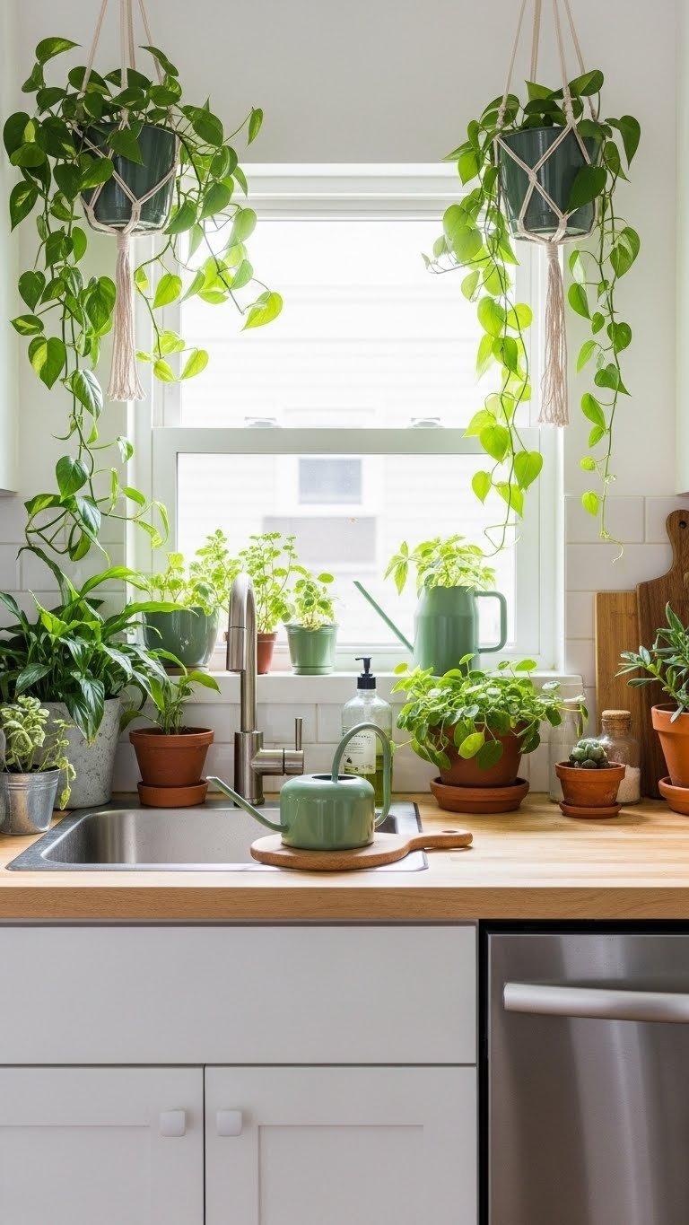 Urban jungle greenery kitchen overflowing with indoor plants and green accents embracing biophilic design principles