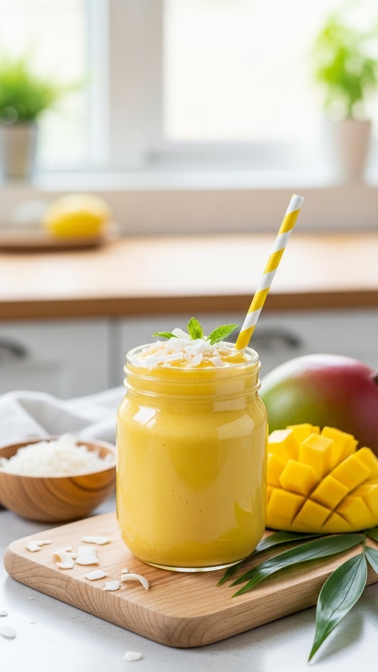 Vegan mango coconut smoothie in clear glass jar topped with shredded coconut garnish