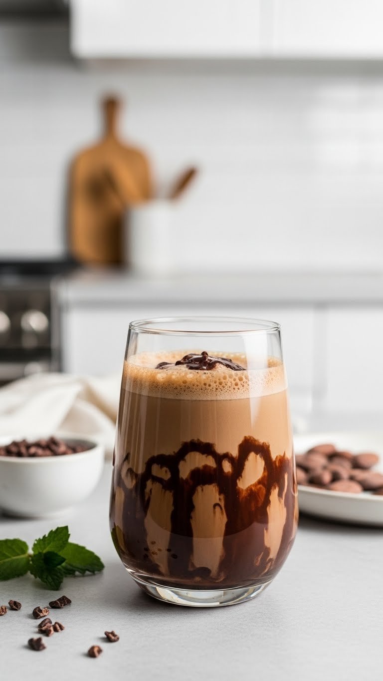 Vegan mocha madness cold brew with chocolate swirl and oat milk on light stone countertop