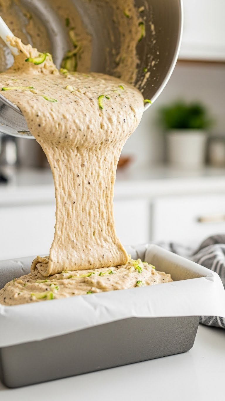 Vegan zucchini bread batter being poured from mixing bowl into prepared loaf pan