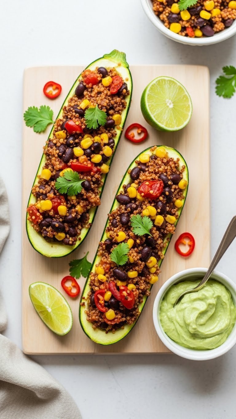 Vegetarian quinoa and black bean zucchini boats with colorful corn and tomato filling on light wooden cutting board