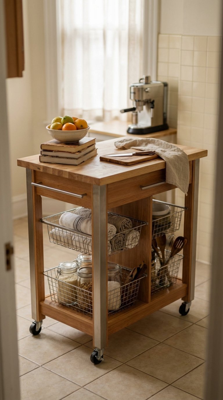 Versatile rolling kitchen cart serving as movable island with cooking tools and fresh fruit in a small apartment kitchen setting.