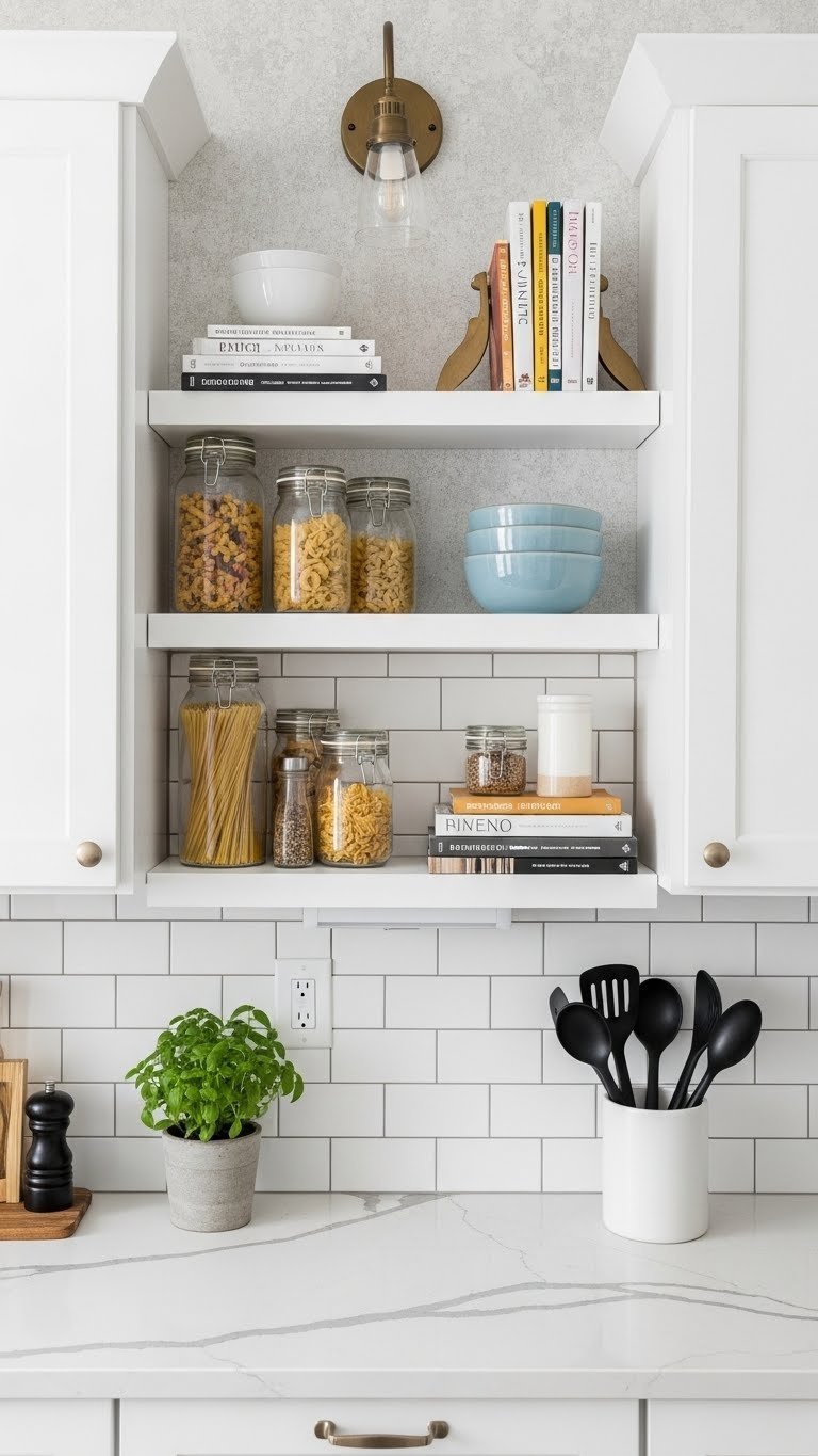 Vertical floating shelf storage system with organized kitchen essentials against white subway tile backsplash in compact studio kitchen