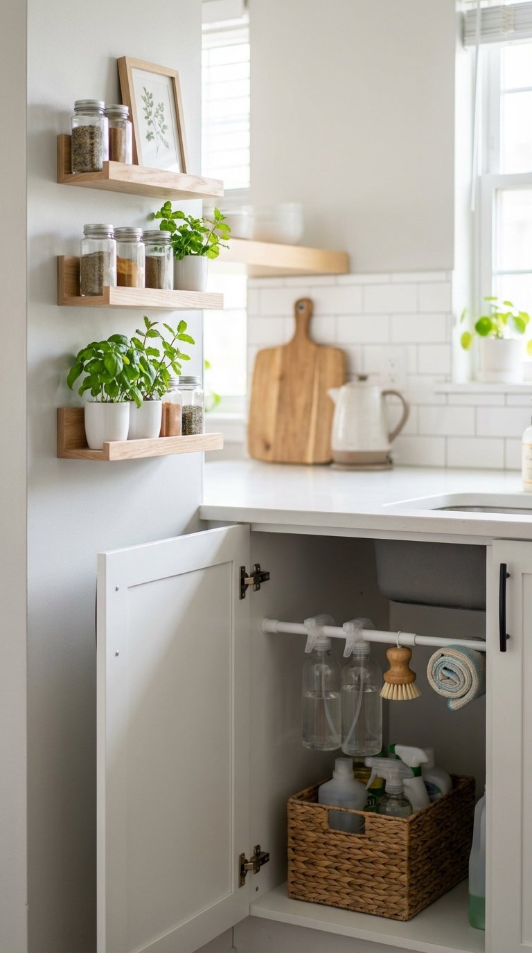 Vertical storage solution using tension rod and floating shelves for tiny kitchen organization