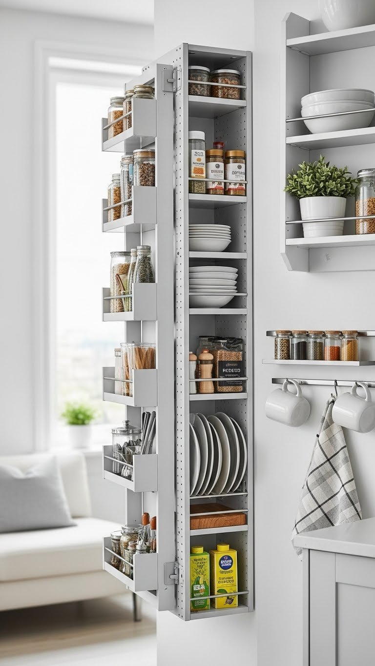 Vertical storage solutions in a small kitchen with floor-to-ceiling shelving and magnetic strips for organization.