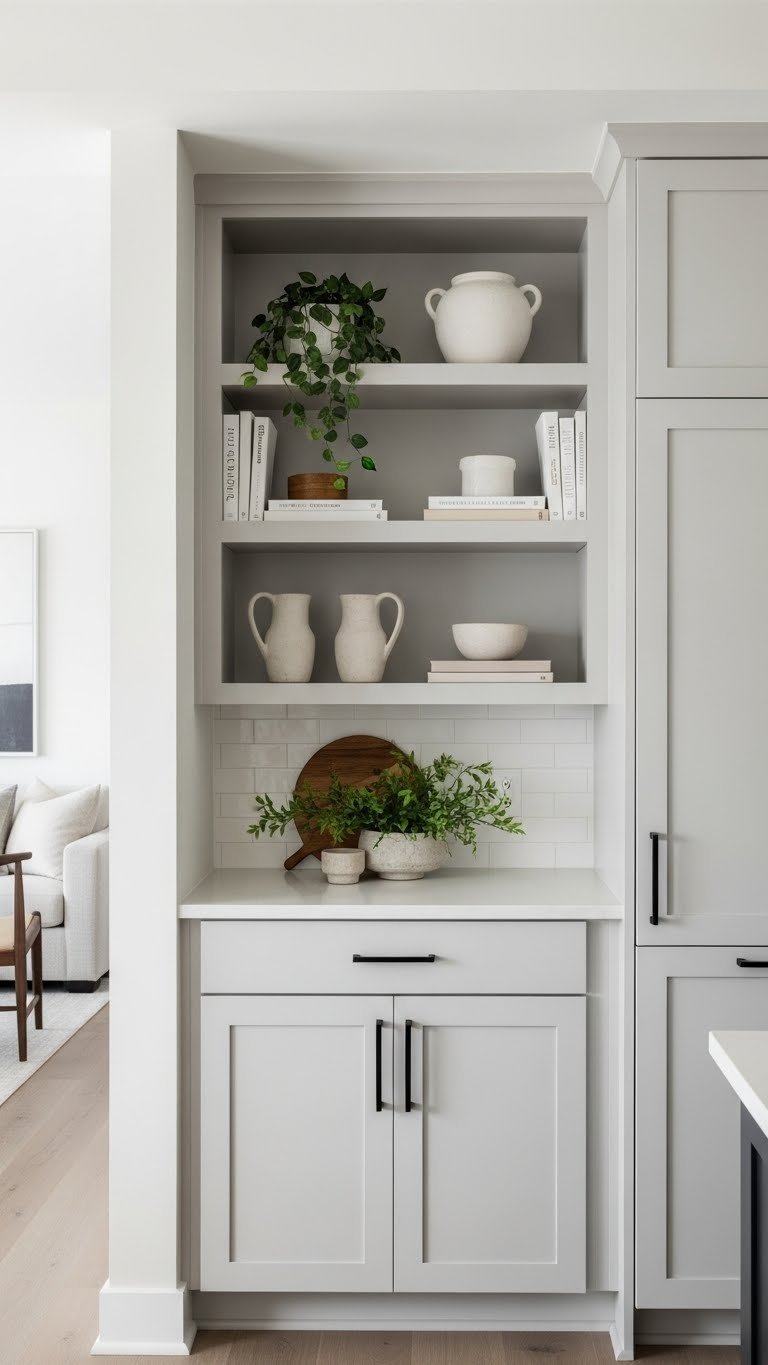 Vertical storage wall with open shelving and closed cabinetry seamlessly integrating kitchen and living room in apartment.