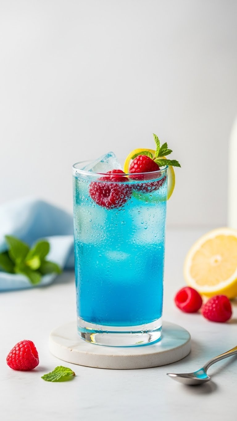 Vibrant Blue Raspberry Fizz mocktail in slender highball glass with fresh raspberries and lemon twist on ceramic coaster