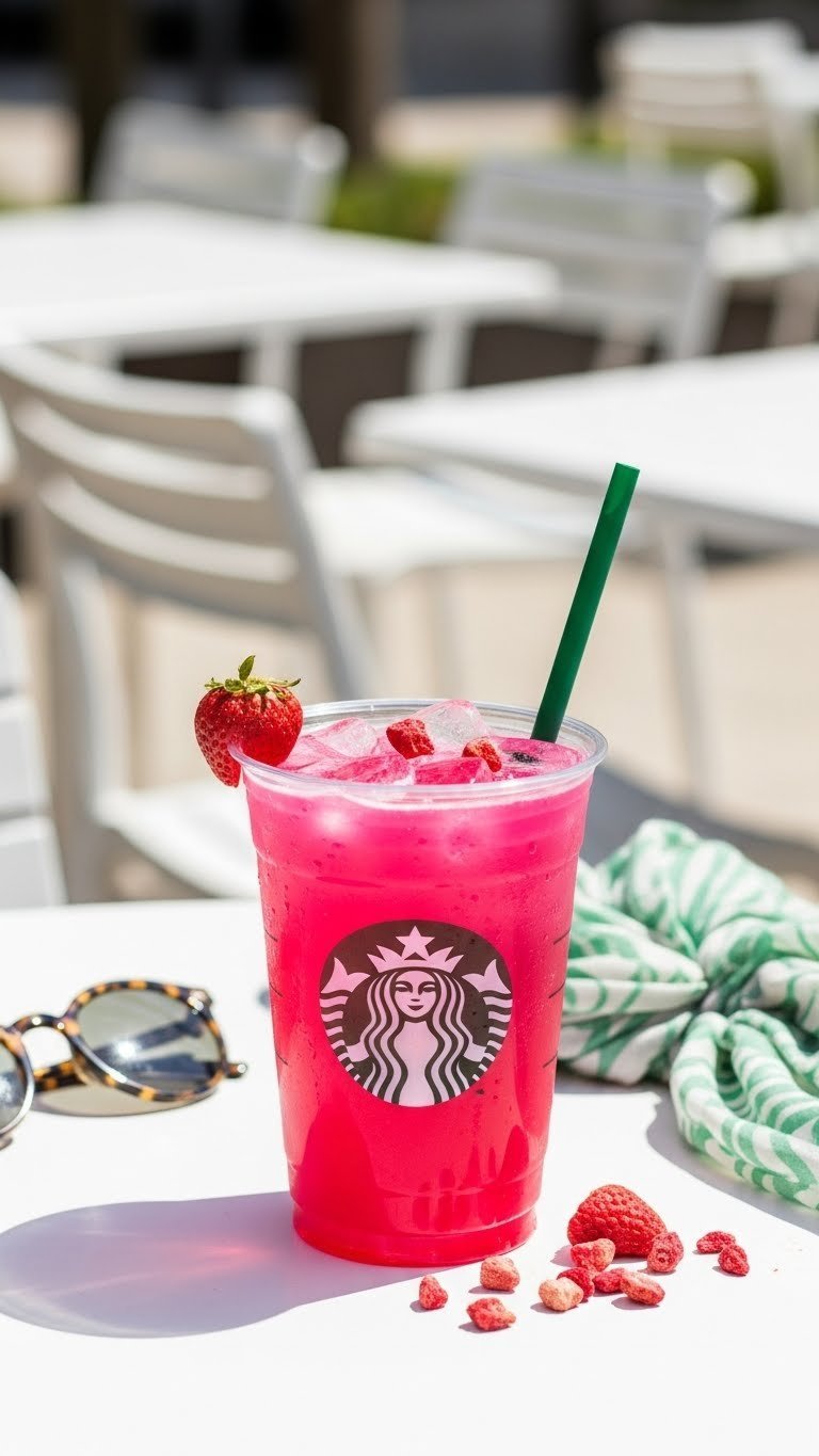 Vibrant Pink Drink with freeze-dried strawberries in transparent Starbucks cup on minimalist white table