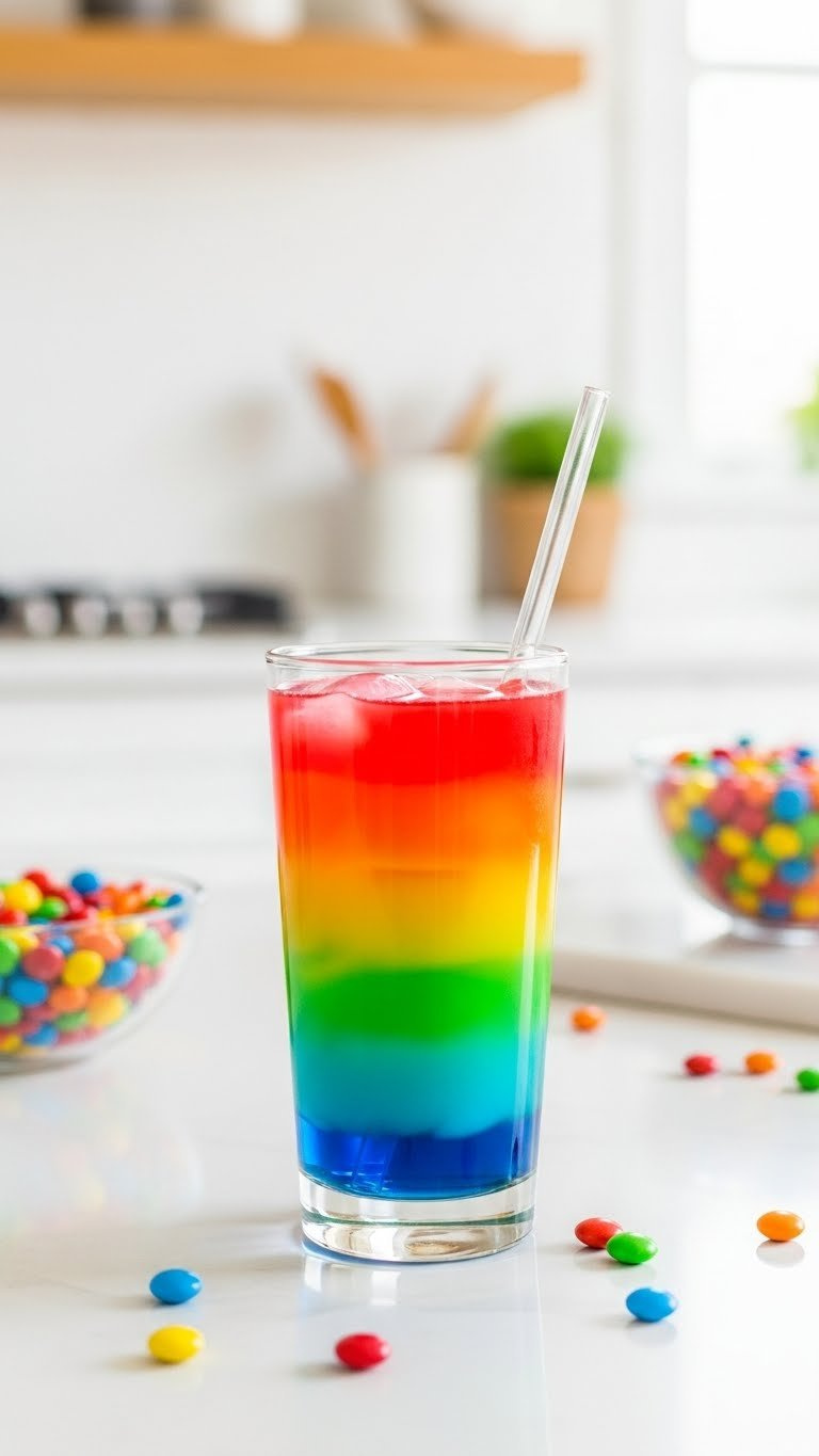 Vibrant Rainbow Layered Drink showcasing bright red, orange, yellow, green and blue layers in tall clear glass with clear straw.