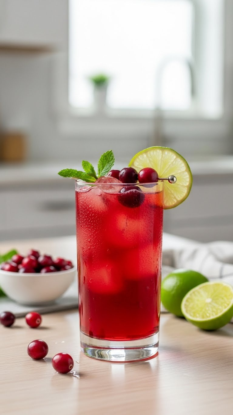 Vibrant Vodka Cranberry cocktail in highball glass with lime wedge garnish and floating cranberries showing condensation