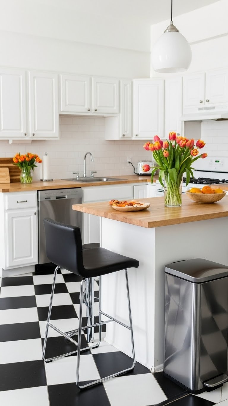 Vibrant apartment kitchen with classic black and white checkerboard floor, modern white cabinetry, and colorful tulips in vase