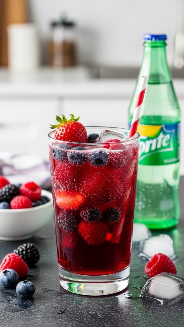 Vibrant berry blast Sprite mocktail with assorted fresh berries in stylish glass on dark stone surface