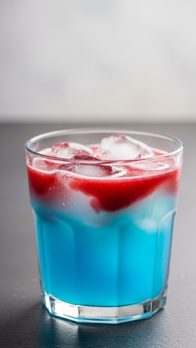 Vibrant blue shark attack punch with red grenadine layer in clear serving glass on coastal-themed table