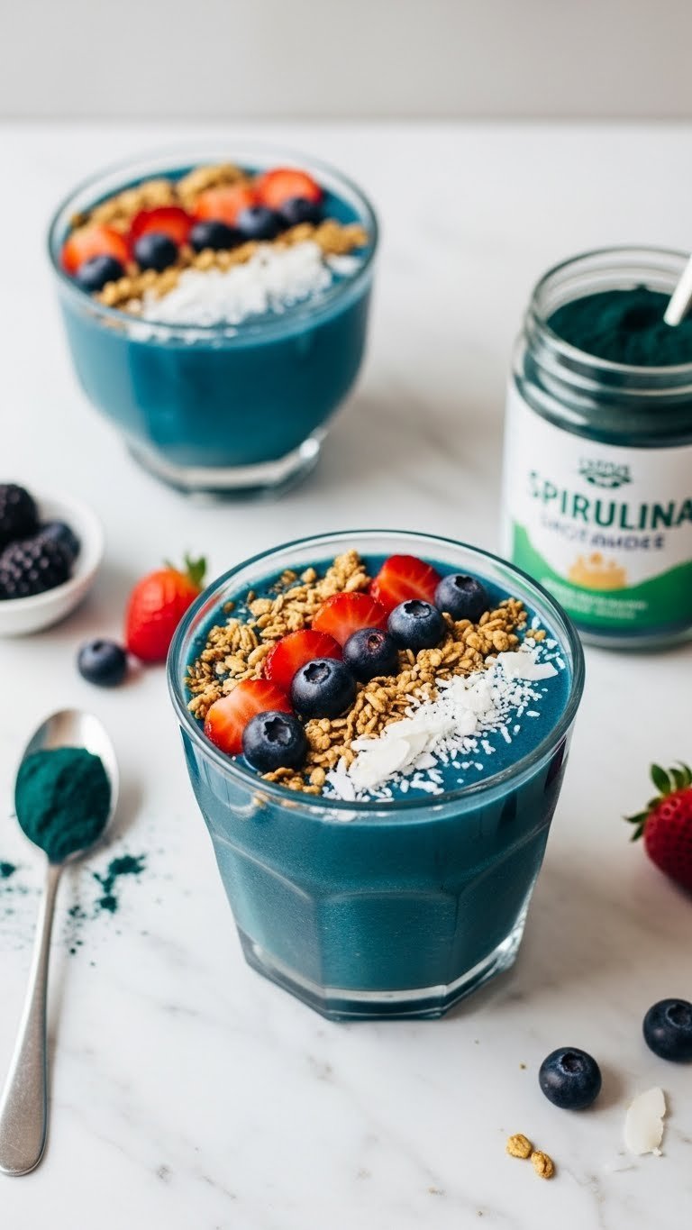 Vibrant blue spirulina smoothie bowl in wide-mouthed glass topped with fresh berries, granola, and coconut flakes.