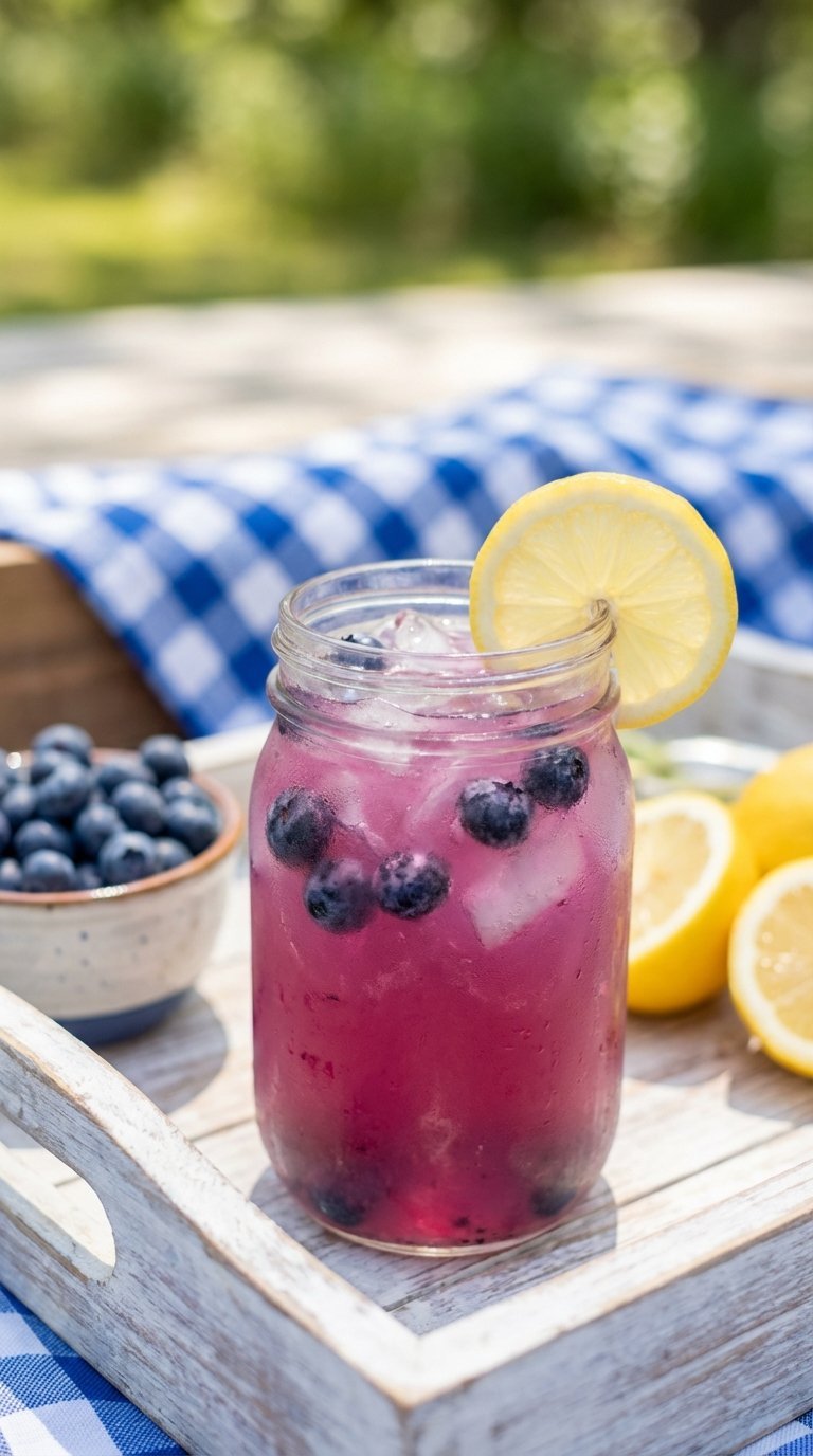 Vibrant blueberry lemonade in mason jar with floating blueberries and lemon slice on whitewashed tray