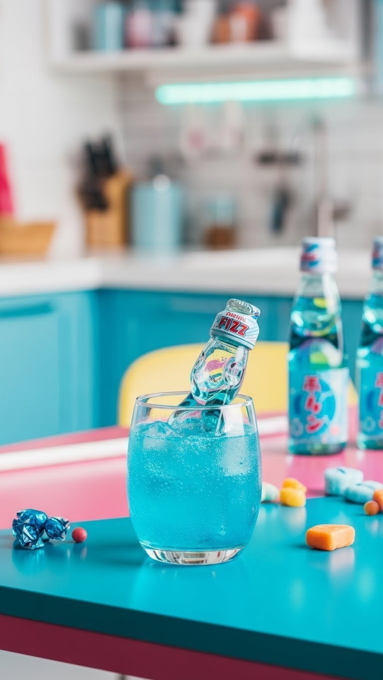 Vibrant electric blue Ramune Fizz with marble stopper and bottle trinket on colorful modern table