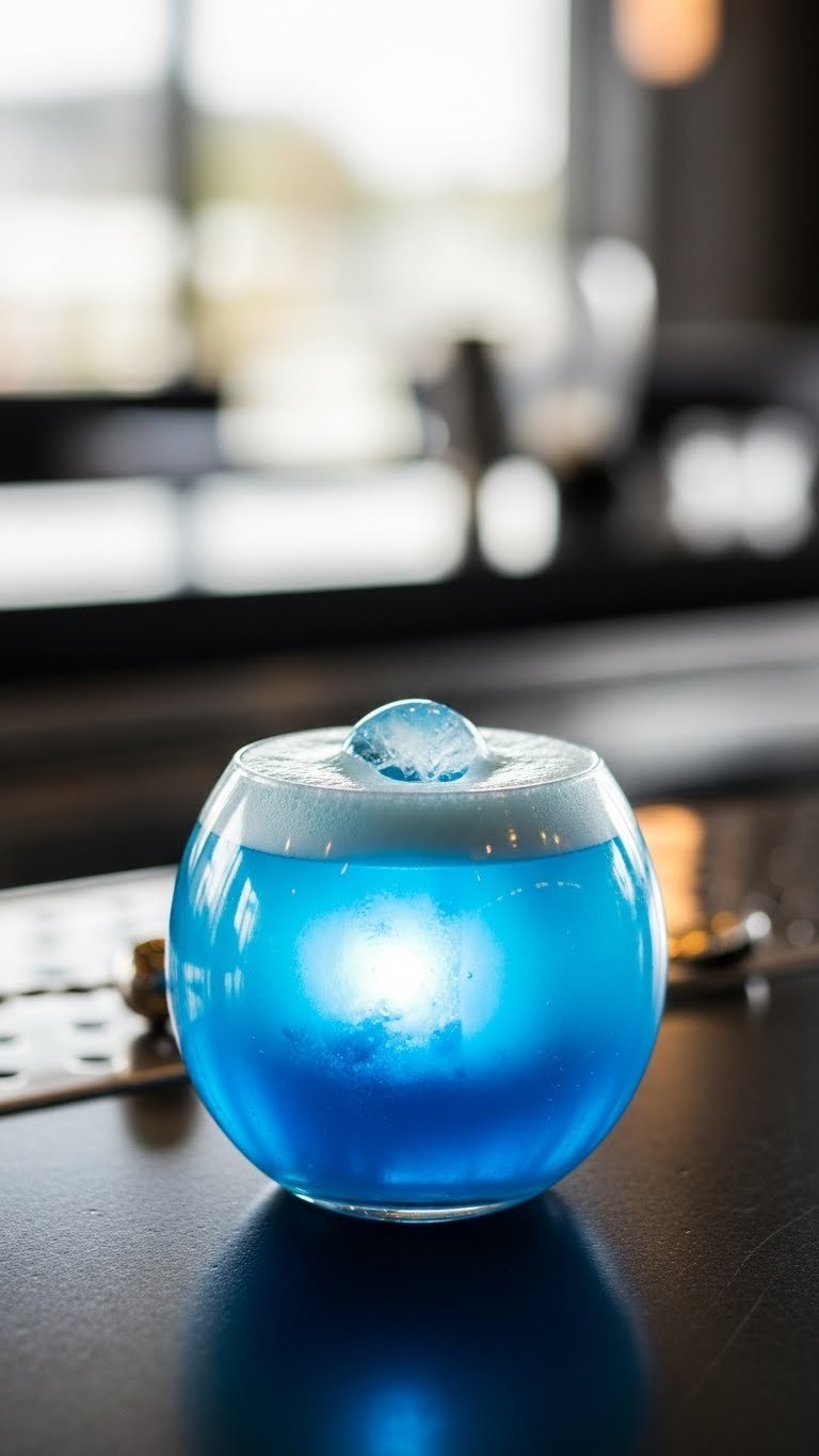 Vibrant electric blue Spirit Bomb cocktail swirling in spherical glass with luminous glow and white foam against dark minimalist bar backdrop