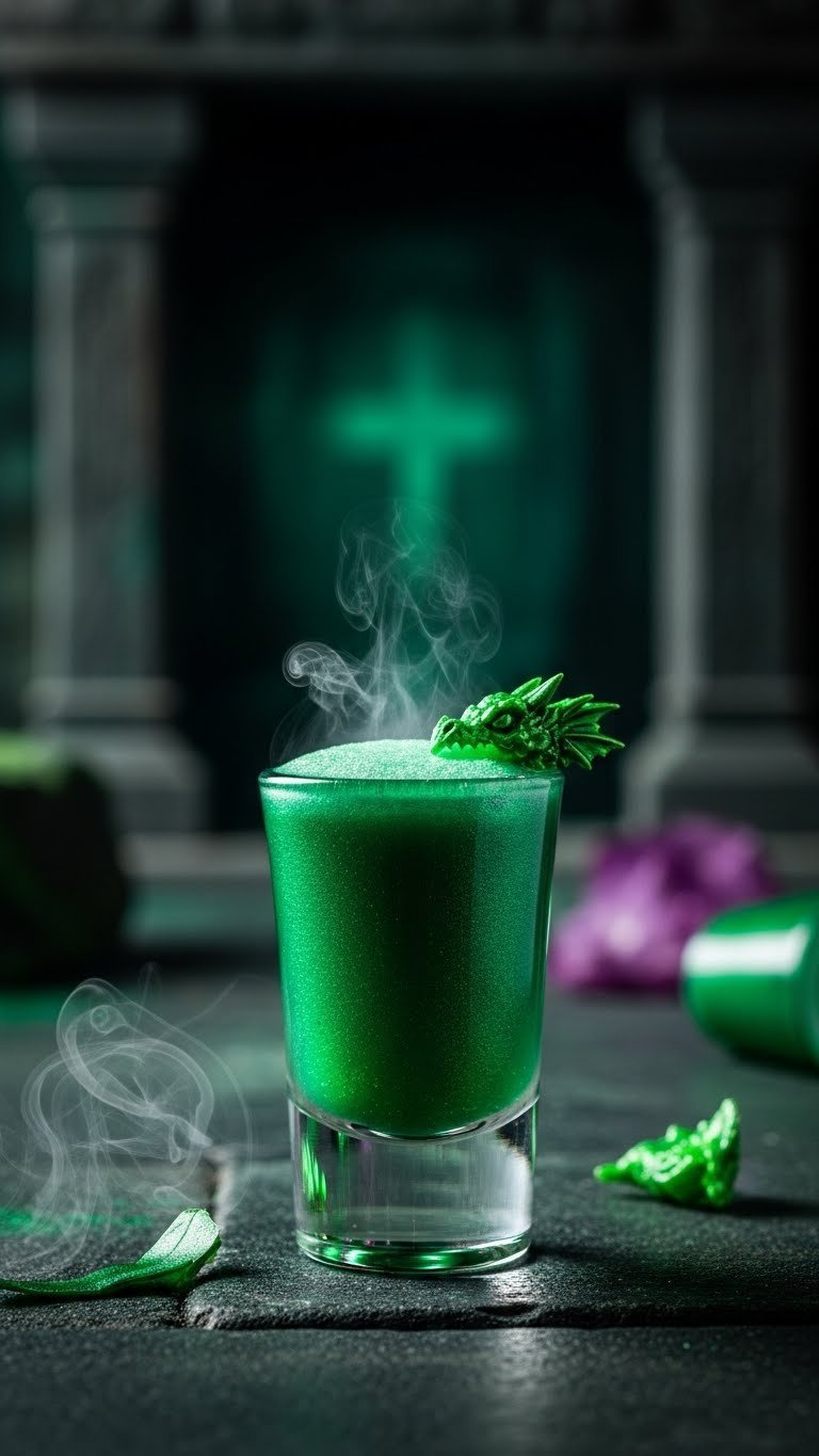 Vibrant emerald green Shenron Dragon Breath shot with smoky effect in stylized glass on dark stone surface