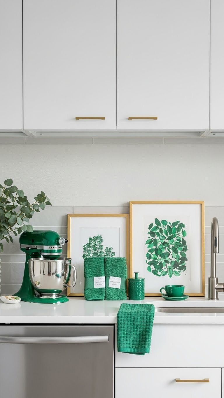 Vibrant emerald green accents pop against neutral white and gray backdrop in modern apartment kitchen transformation