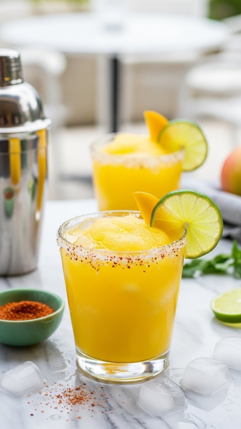 Vibrant frozen mango margarita in salt-rimmed glass with lime wedge garnish on marble countertop