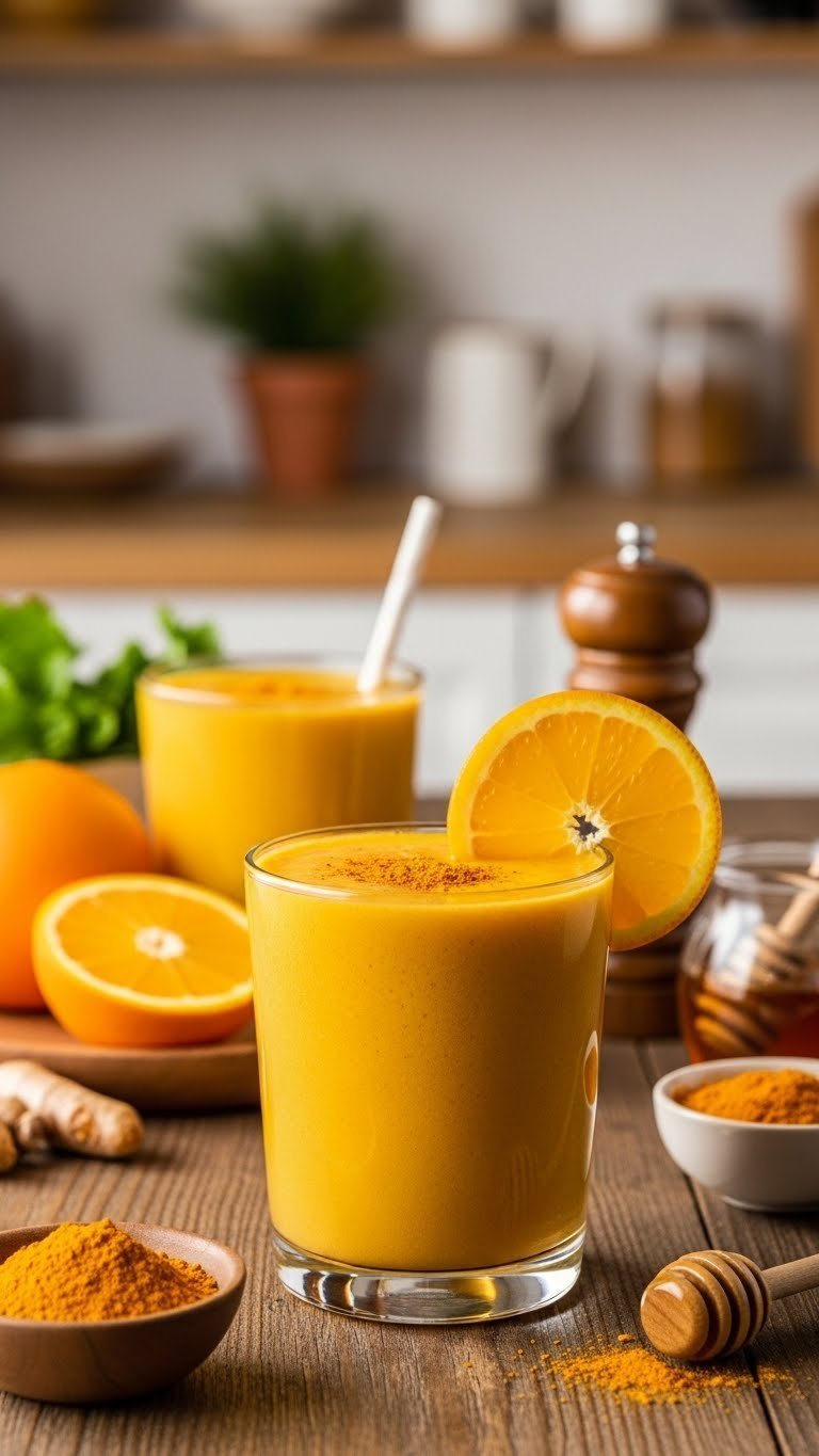 Vibrant golden turmeric orange anti-inflammatory smoothie in clear glass with orange slice garnish