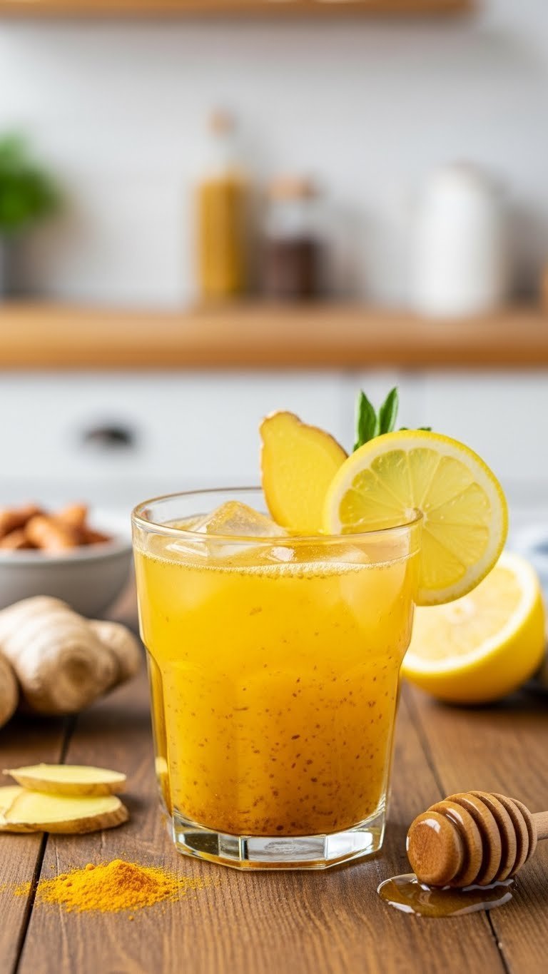 Vibrant golden-yellow spicy ginger turmeric lemonade with visible ginger flecks and turmeric sediment in clear glass.
