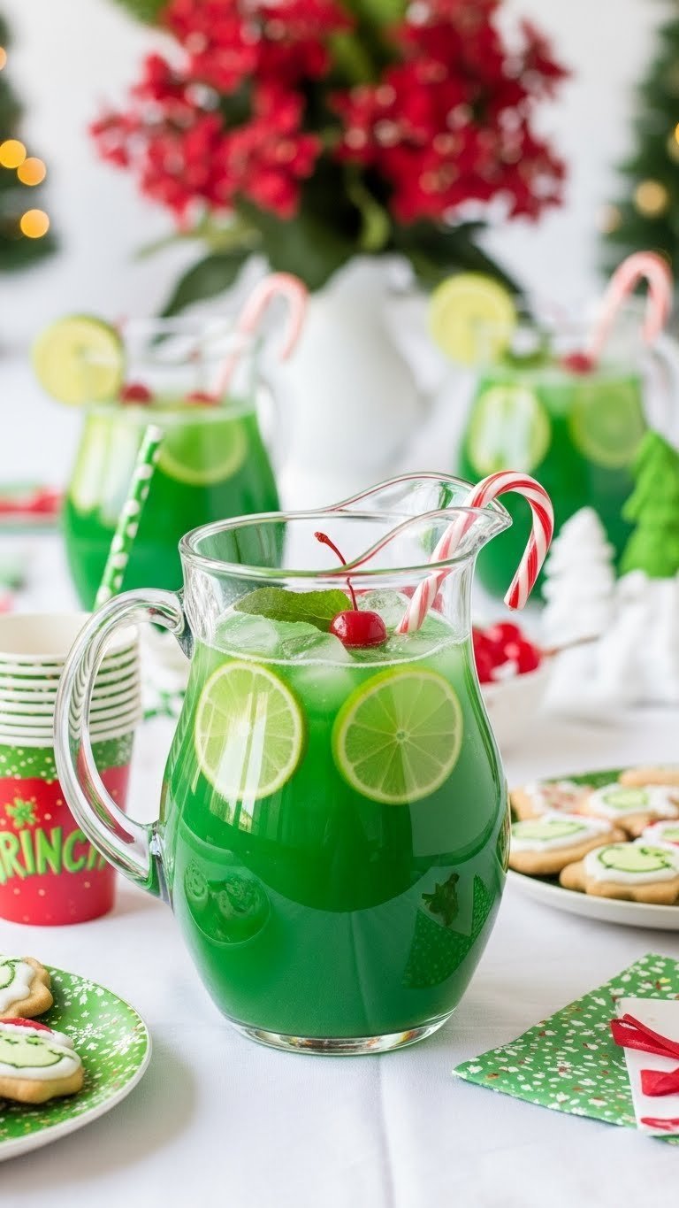 Vibrant green Grinch punch in clear glass pitcher with lime slices and maraschino cherries