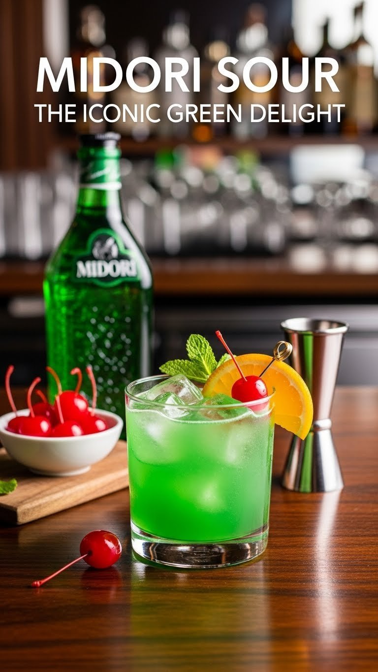 Vibrant green Midori Sour cocktail in rocks glass with cherry and orange slice garnish