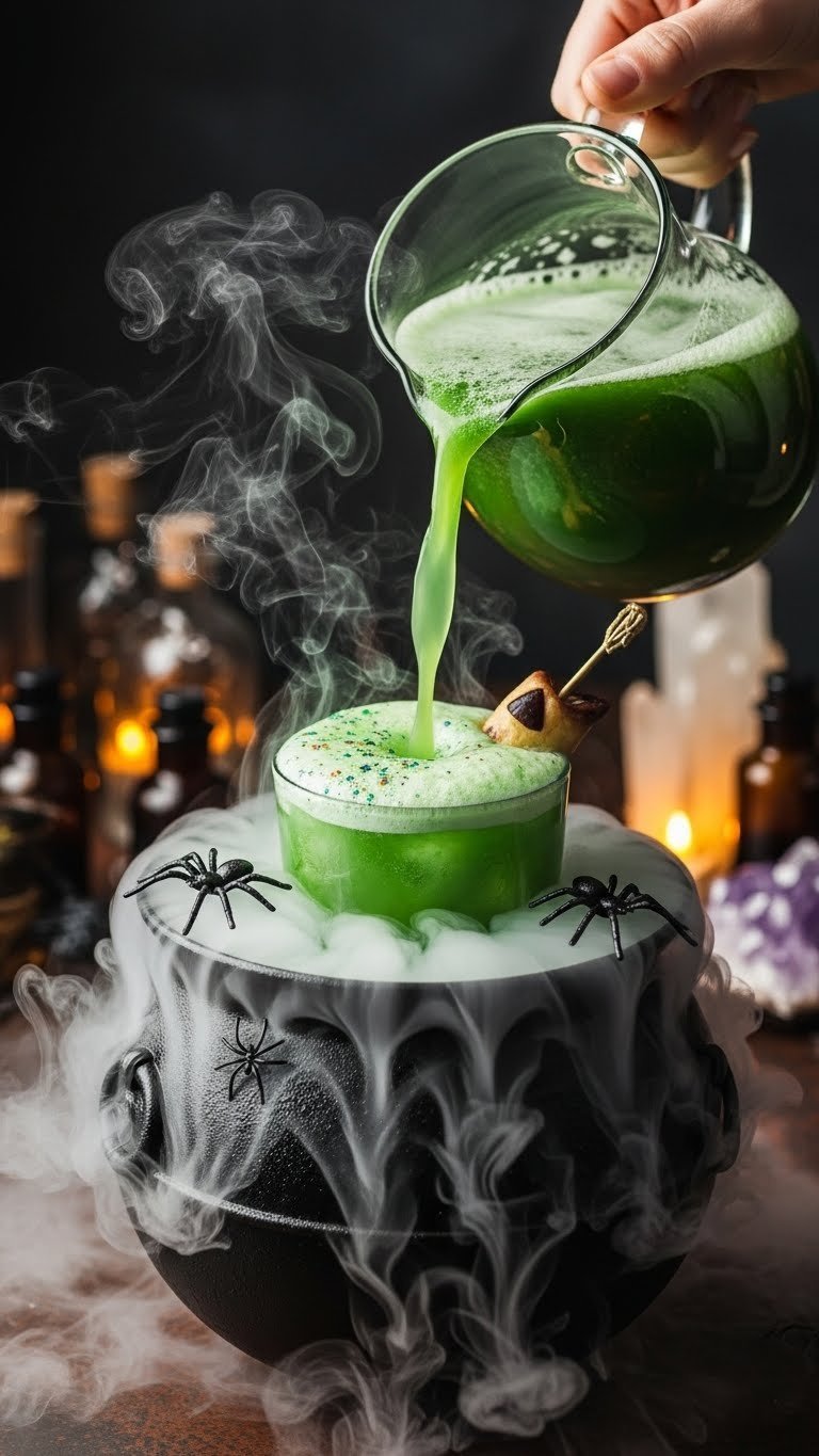 Vibrant green Witches Brew mocktail being poured into smoke-emitting cauldron with plastic spiders and apothecary bottles in background