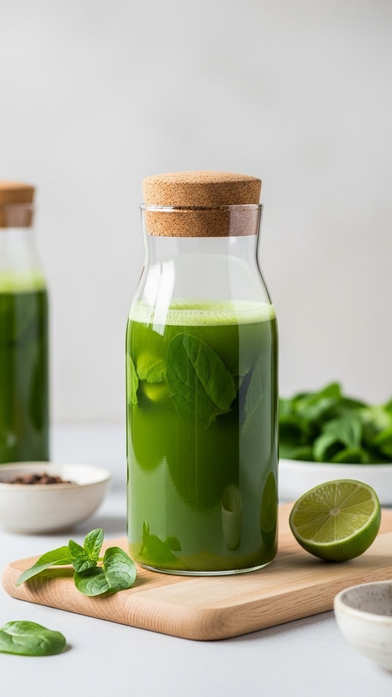 Vibrant green detox juice in glass bottle with cork stopper showing natural pulp on light wooden board