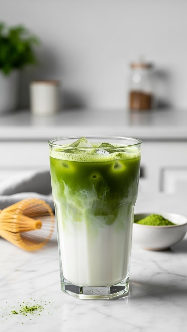 Vibrant green iced matcha latte in clear glass with creamy milk layers and bamboo whisk on marble countertop
