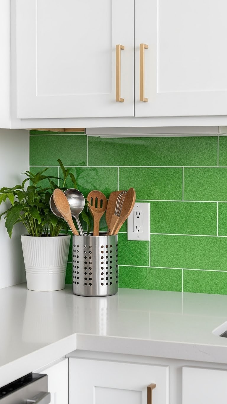 Vibrant green peel-and-stick backsplash showcasing renter-friendly kitchen hack with white and gray accents