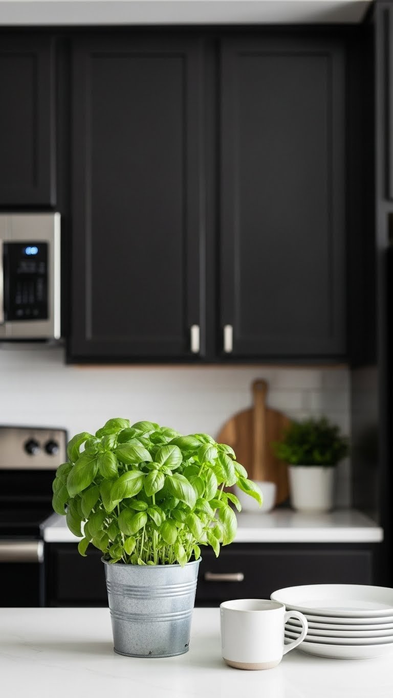 Vibrant green potted herb plant on white countertop against dark kitchen cabinets bringing natural brightness