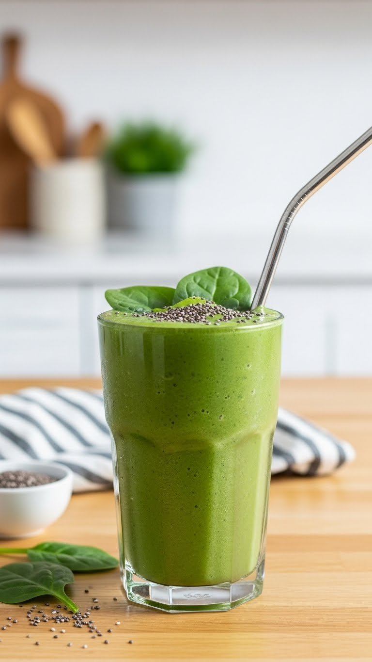 Vibrant green smoothie in tall glass garnished with spinach leaves and chia seeds on light wooden countertop with soft bokeh background