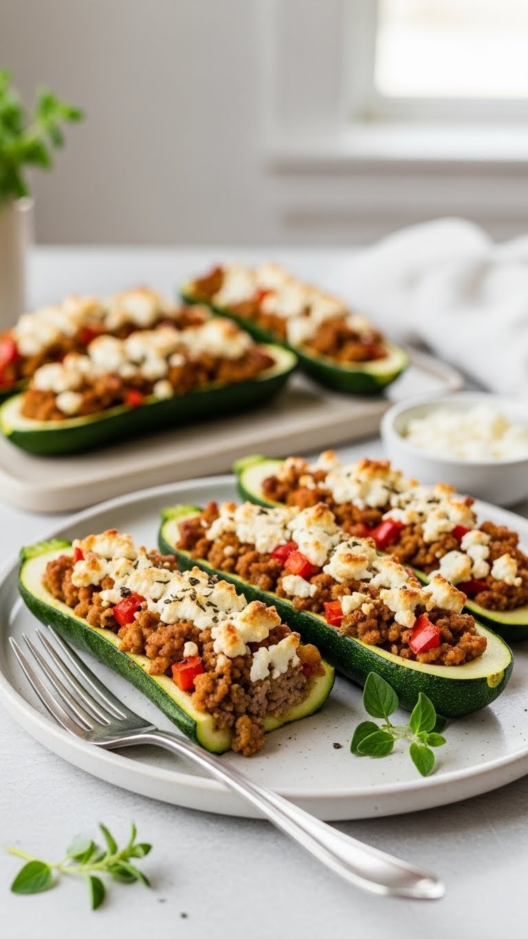 Vibrant green zucchini boats filled with ground turkey, bell peppers, and crumbled feta cheese on light ceramic plate with fresh oregano