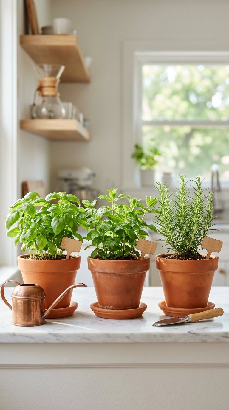 Vibrant indoor herb garden with basil and rosemary in terracotta pots on sunny kitchen windowsill