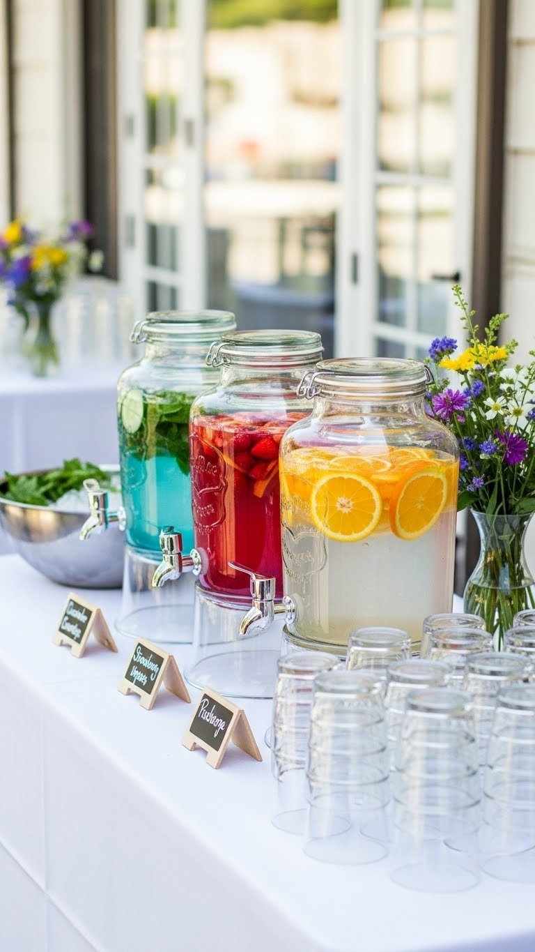 Vibrant infused water station with three glass dispensers filled with fruit-infused water and clear drinking glasses on linen-draped table