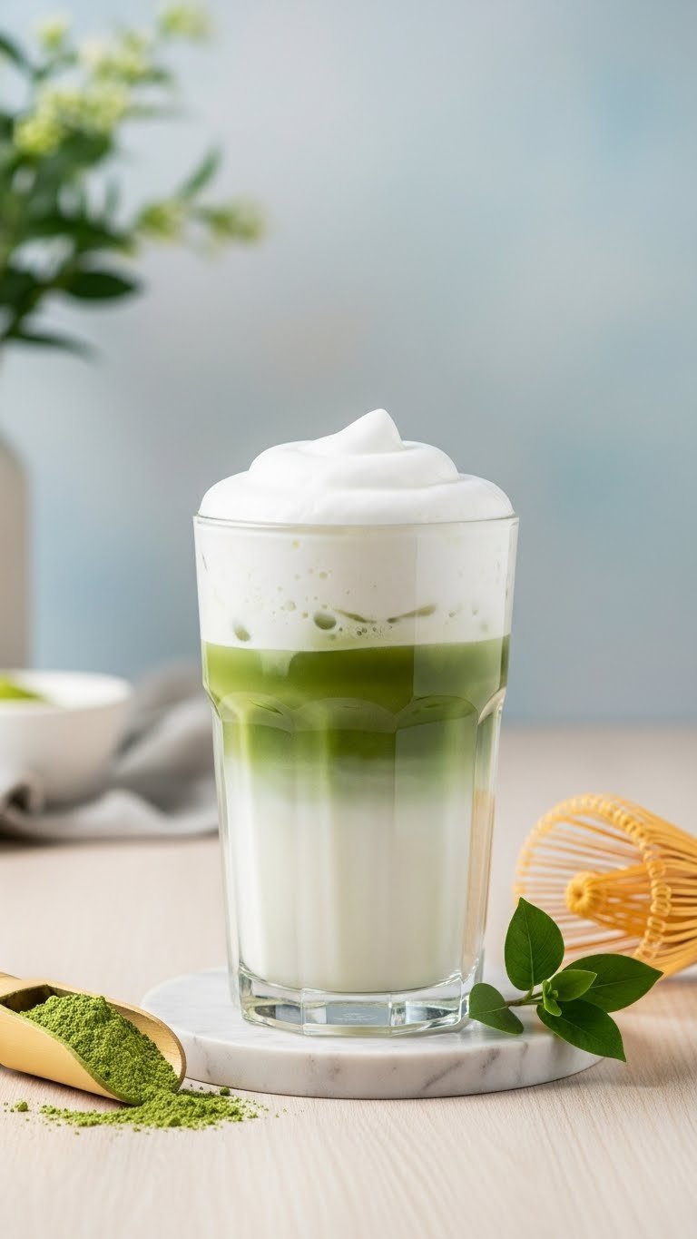 Vibrant matcha layered drink with frothed milk cloud effect in clear glass on minimalist surface