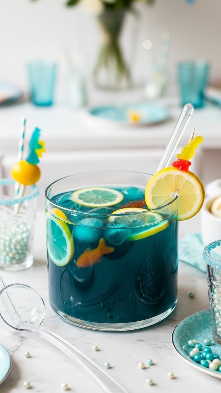 Vibrant mermaid punch in glass bowl with sliced lemons and gummy fish floating in ocean-blue liquid on marble countertop
