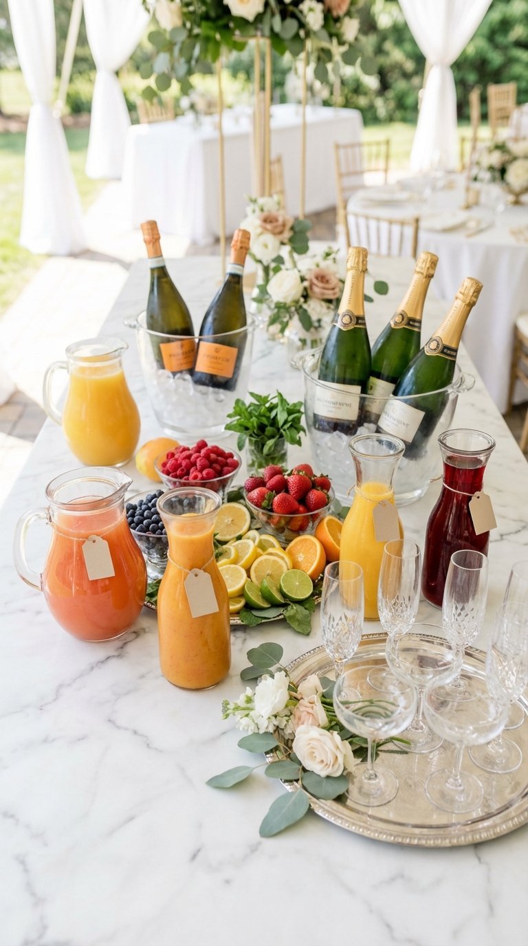 Vibrant mimosa bar with prosecco bottles, fruit juices, and colorful garnishes arranged on white marble countertop
