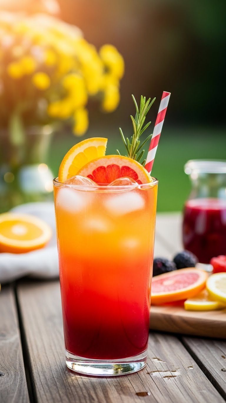 Vibrant ombré sunset citrus infusion in tall glass with crimson red, orange, and yellow layers with citrus slices.