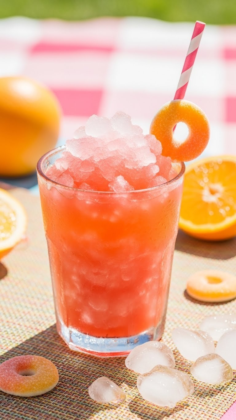 Vibrant peach ring slushie with gummy candy garnish in colorful glass on summer picnic setting