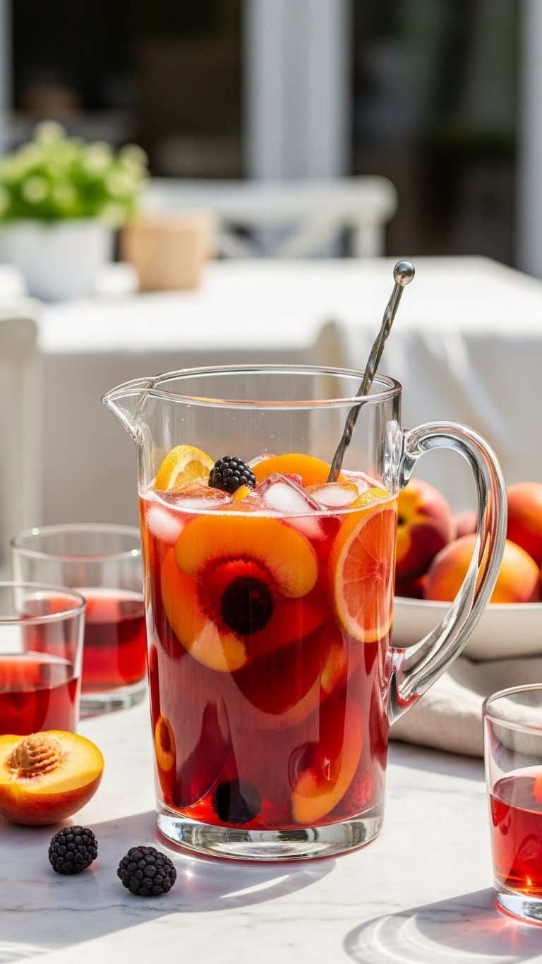 Vibrant peach sangria pitcher filled with fresh fruit slices and ice