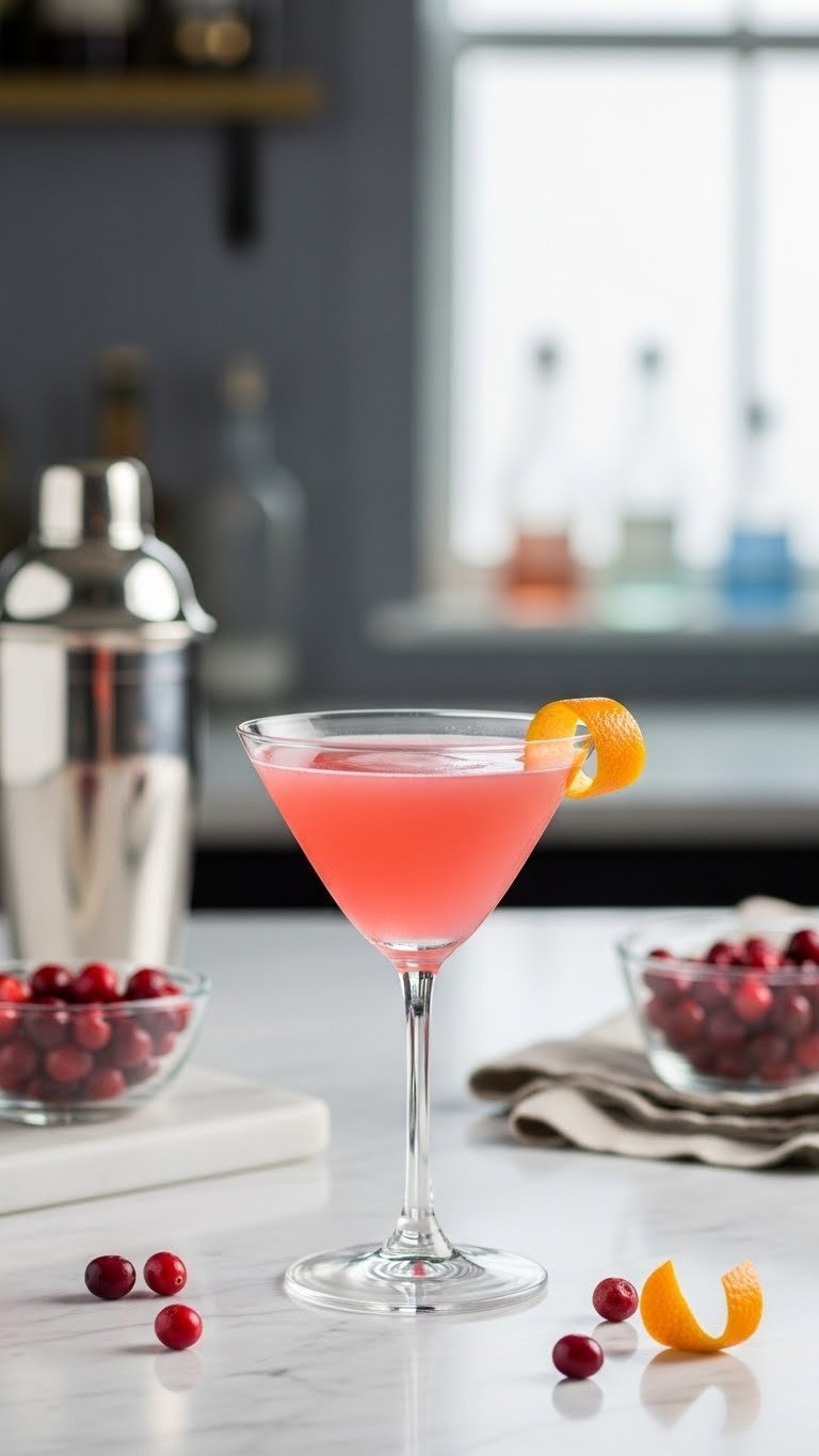 Vibrant pink Cosmopolitan cocktail in martini glass with coiled orange peel garnish on sleek marble countertop