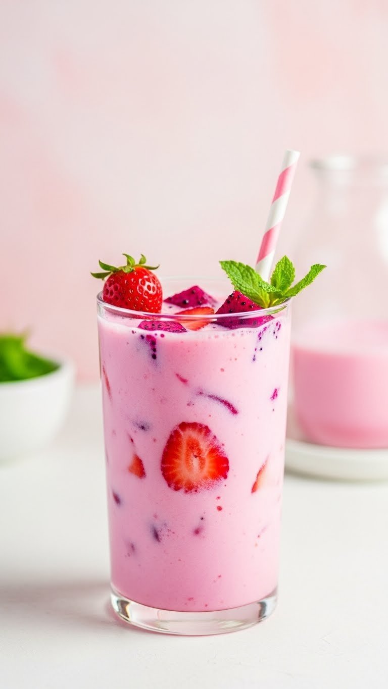 Vibrant pink Starburst refresher with coconut milk and strawberry slices on clean white surface